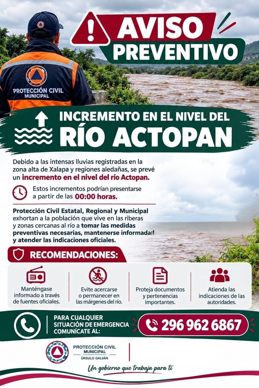 Emiten aviso en Úrsulo Galván por crecimiento del río Actopan derivado de lluvias en zonas altas