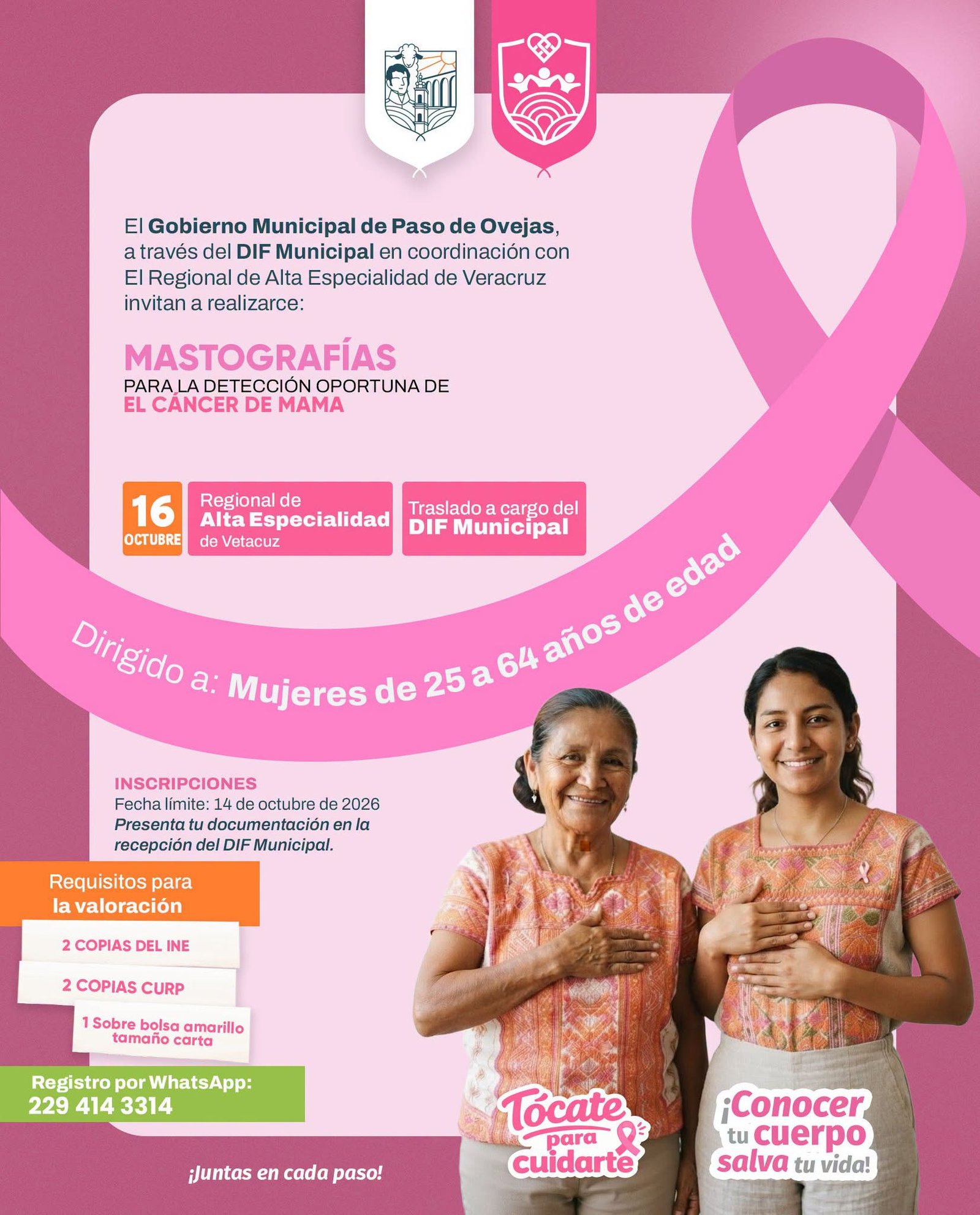Alcalde Uriel Peralta invita a mujeres pasovejenses a inscribirse en jornada de Mastografías con traslado gratuito a hospital de Veracruz