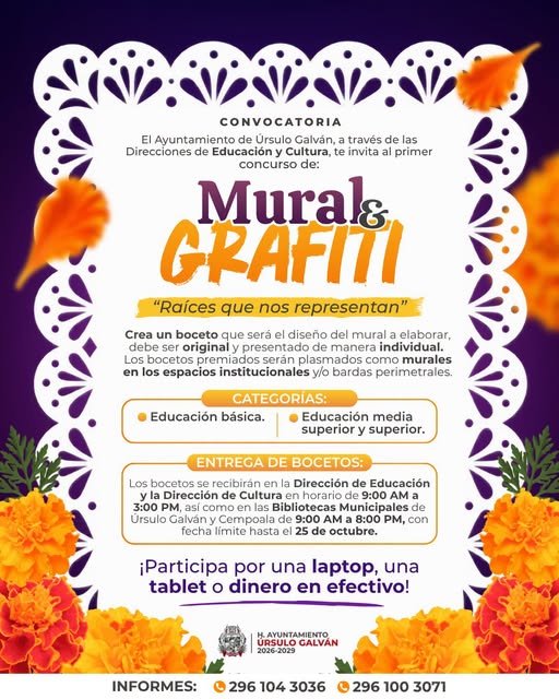Invitan a primer concurso de Mural y Grafiti por Día de Muertos en Úrsulo Galván: dirigido a estudiantes